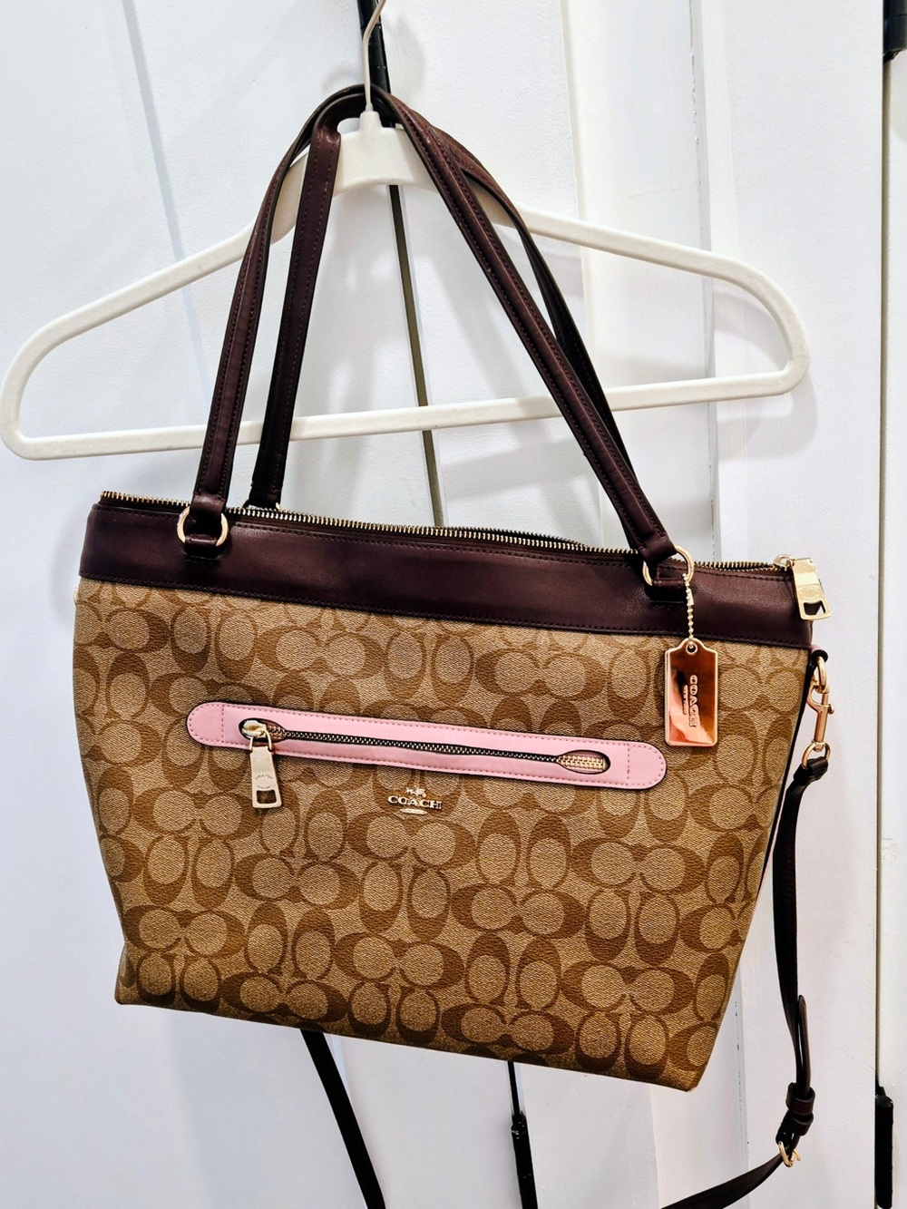 Coach Brown Signature Canvas Shoulder Bag with Pink Trim